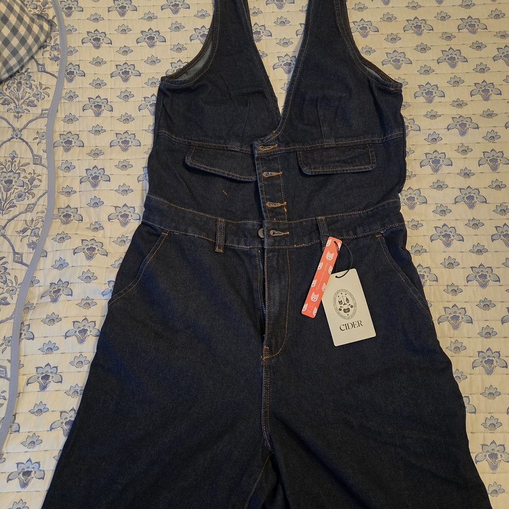 Cider Dark Indigo Denim V-Neck Jumpsuit